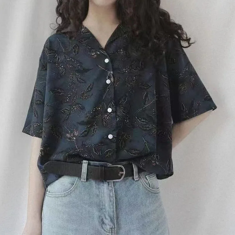 Blusa de manga corta con cuello vuelto para mujer, camisa holgada con estampado Vintage de un solo pecho, ropa informal de moda para verano