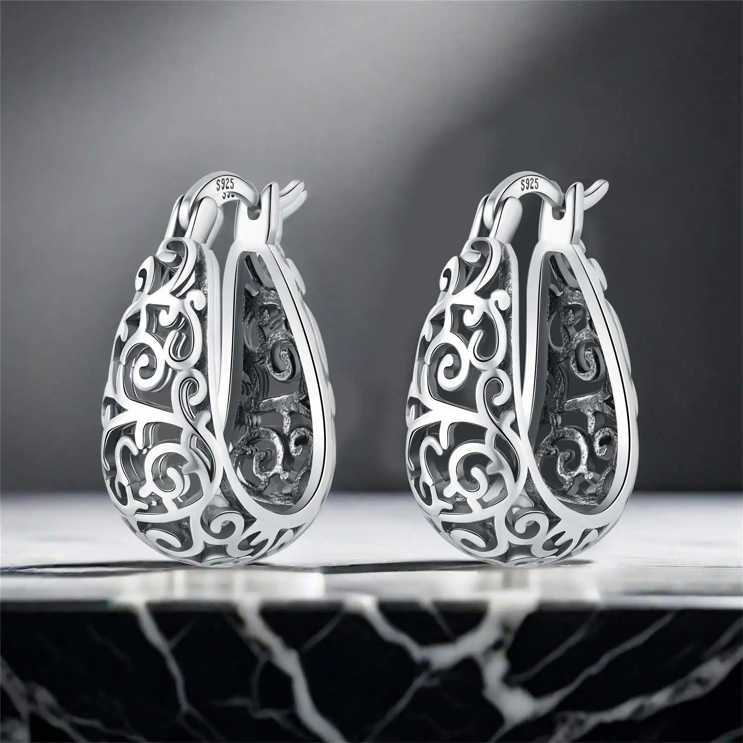 Original 925 Sterling Silver Classic Hollow-out Versatile Hoop Earrings for Women Fine Retro Jewelry Wedding Birthday Party Gift