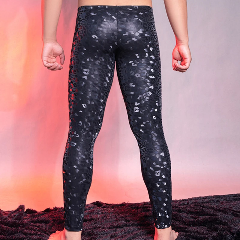 Men Sexy Shiny PU Leather Leggins Underwear Leopard Printed Elastic Skinny Long Pants Tights Leggings Nightclub Trousers