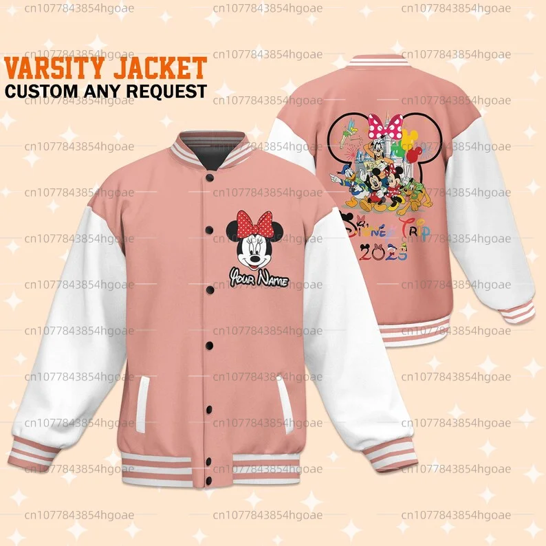 Free Customized Name Disney Minnie Baseball Jacket Disney Casual Baseball Jacket Oversize Street Men\'s and Women\'s Jacket