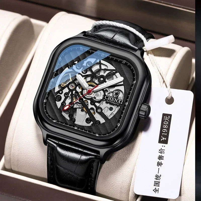 2023 CHENXI Fashion Square Watch Men Skeleton Watches Leather Band  Automatic Mechanical Wristwatches Men Reloj Hombre