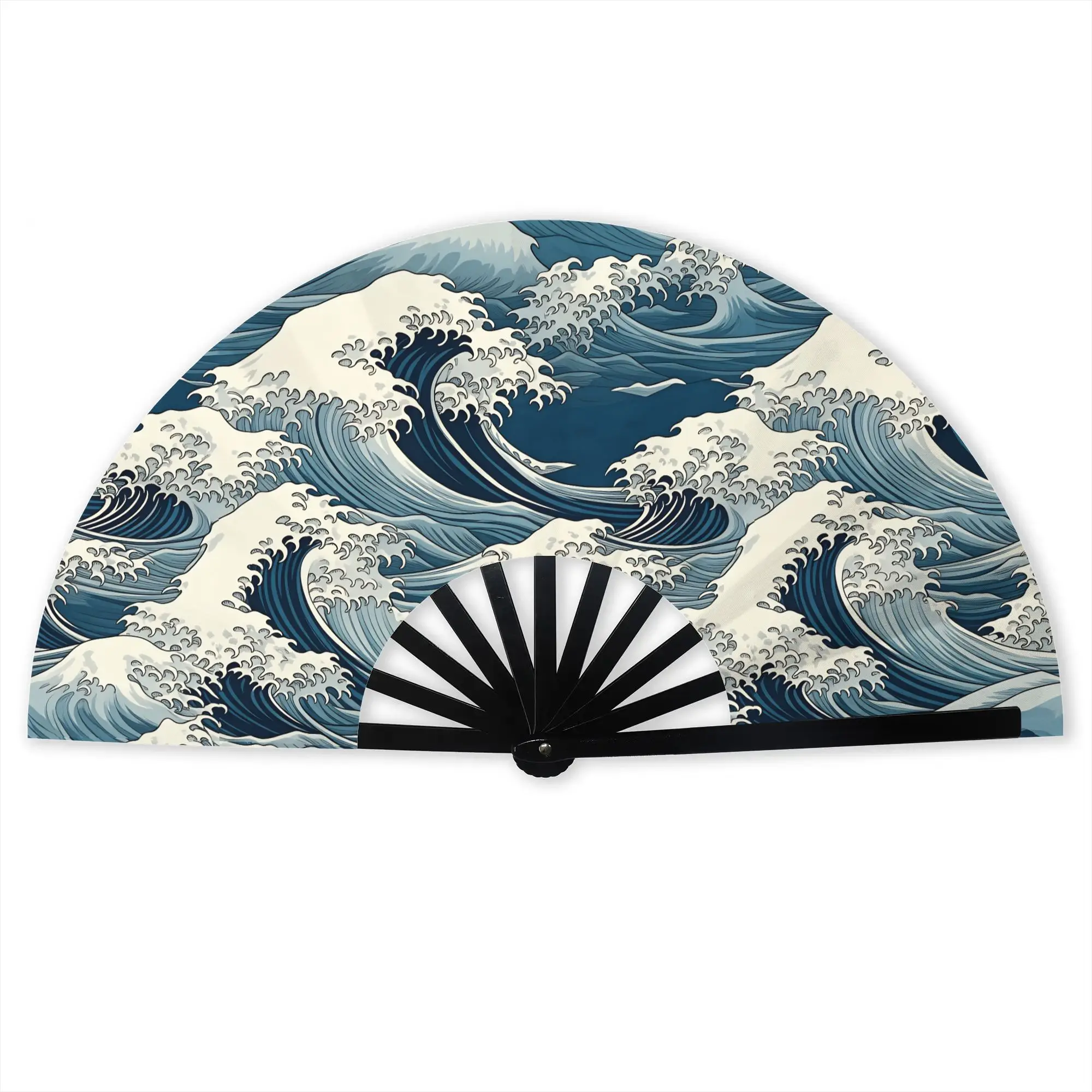 Waves Japan Ukiyoe Art Stylish Hand Fan Women  Printed Polyester Fan Vintage For Dancing Gift