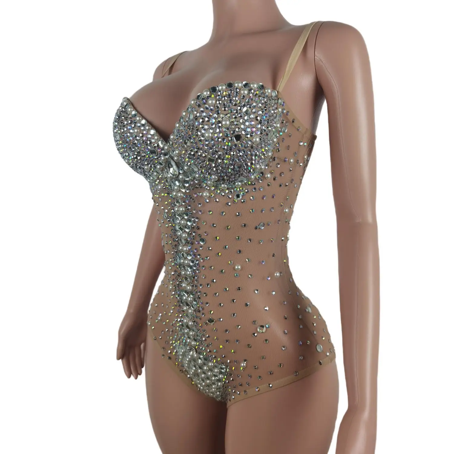 Sexy Rhinestone Dancer Bodysuit Women Sleeveless Elastic Mesh Crystal Jumpsuit Pearls Showgirl Leotard Stage Costume Yemingzhu