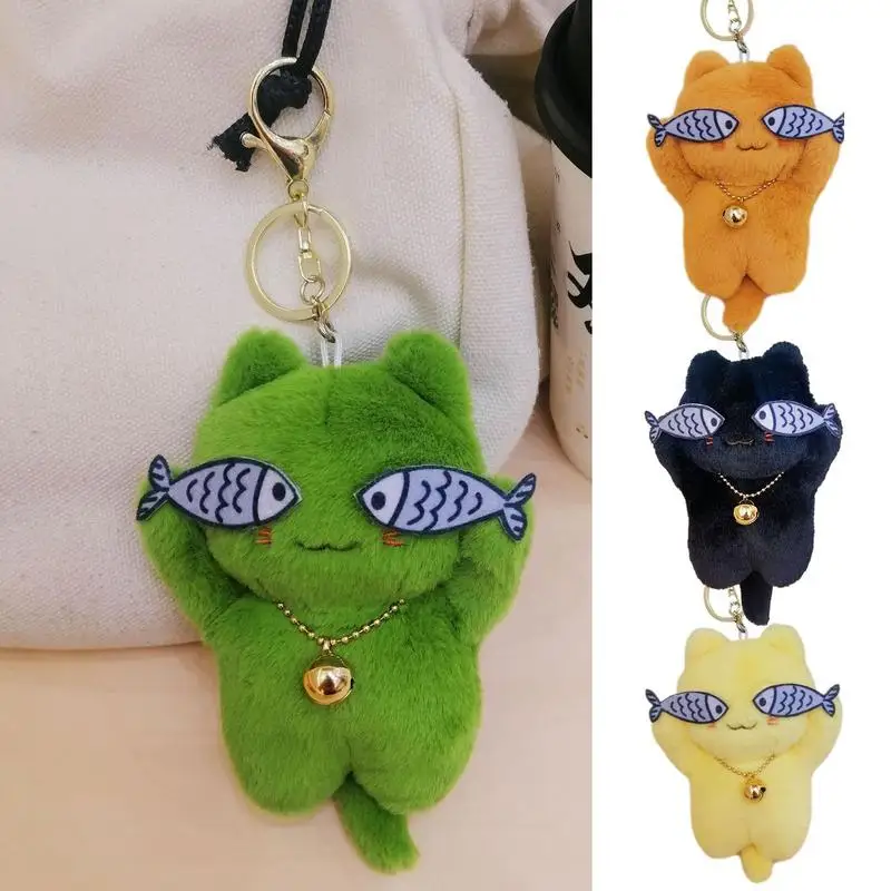 Cat Toy Keychain Creative Car School Bag Cute Fish Shape Eyes Plush Cat Pendant Cats Funny Keychain For car Key Kids Toys Bag