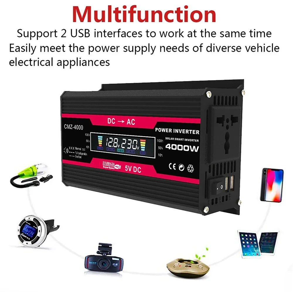 4000W Modified Sine Wave Inverter with 2USB Universal Socket Intelligent LCD Display 4.2A Fast Charging Voltage Converter