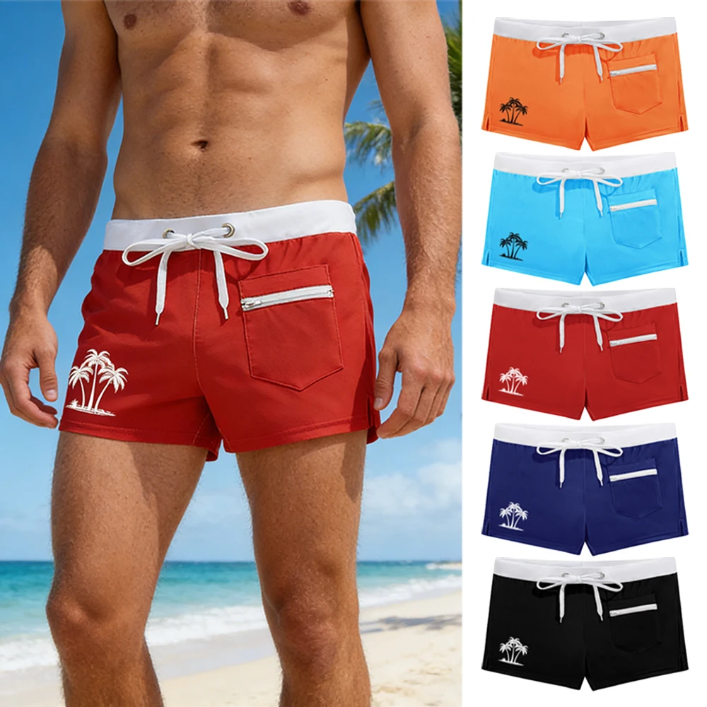 

Summer Men's Low Rise Quick Dry Beach Shorts with Front Zipper Pocket Contrast Waistband Swim Trunks Palm Tree Silhouette Print