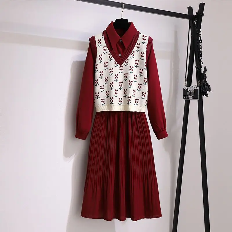 Autumn New Flower Knitted Tank Top Vest Pleated Long Sleeve Dress Two Piece Elegant Women's Dress Set Winter Outfits