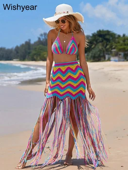 Sexy verão malha 2 peças conjuntos de vestido feminino crochê biquíni topo e rendas até borla saia ternos praia festa clubwear outfits