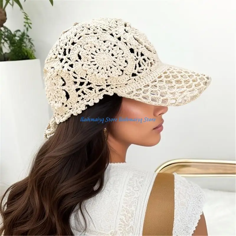 573B Openwork crochet baseball cap for vacation wear and daily outings