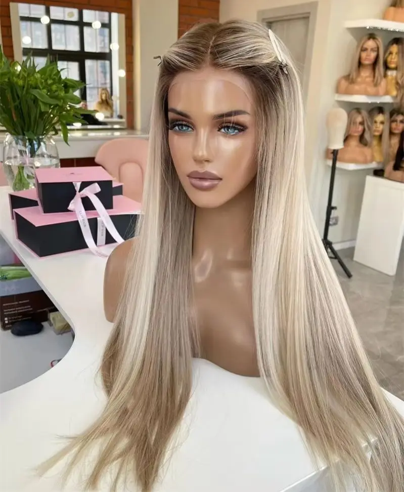 Ombre Icy Paltinum Blonde Straight Synthetic and blend Lace Front Wig with Roots Original Factory Cheap Wigs On Clearance Sale