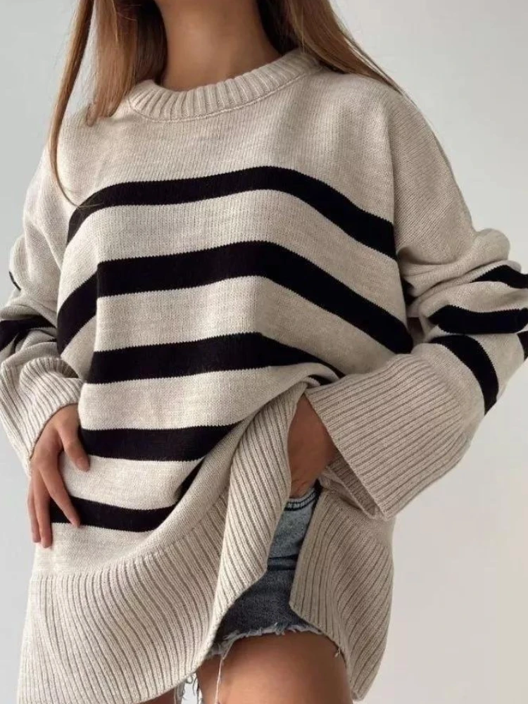 Herfst Winter Nieuwe elegante mode gestreepte trui Top Pullover Ronde hals Middellange losse casual damestrui met lange mouwen