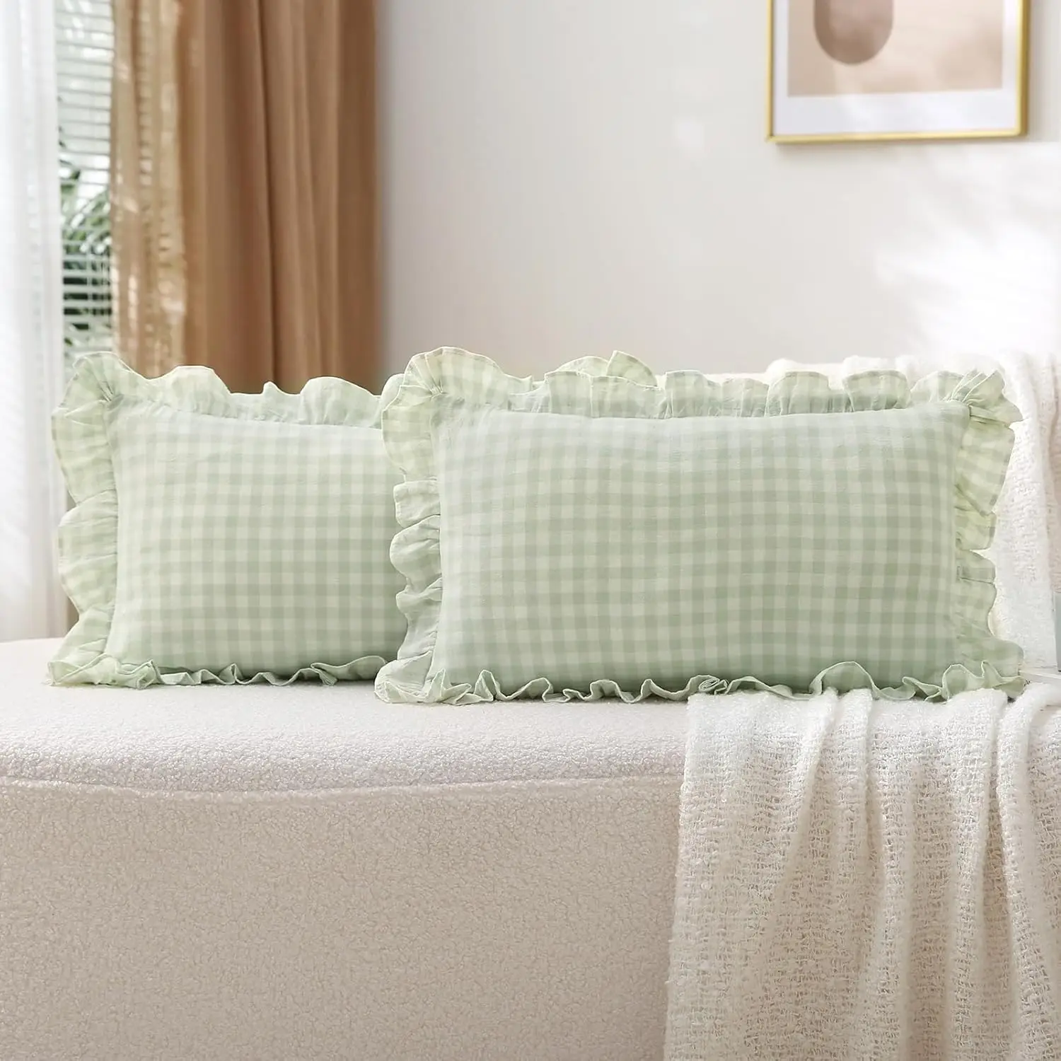 

2 Pa Pile Green White Plaid Ruffle Gingham Lumbar Pillow Covers 20X12 Hes, 100% Cotton Checkered Farmhouse Decorative Pillow