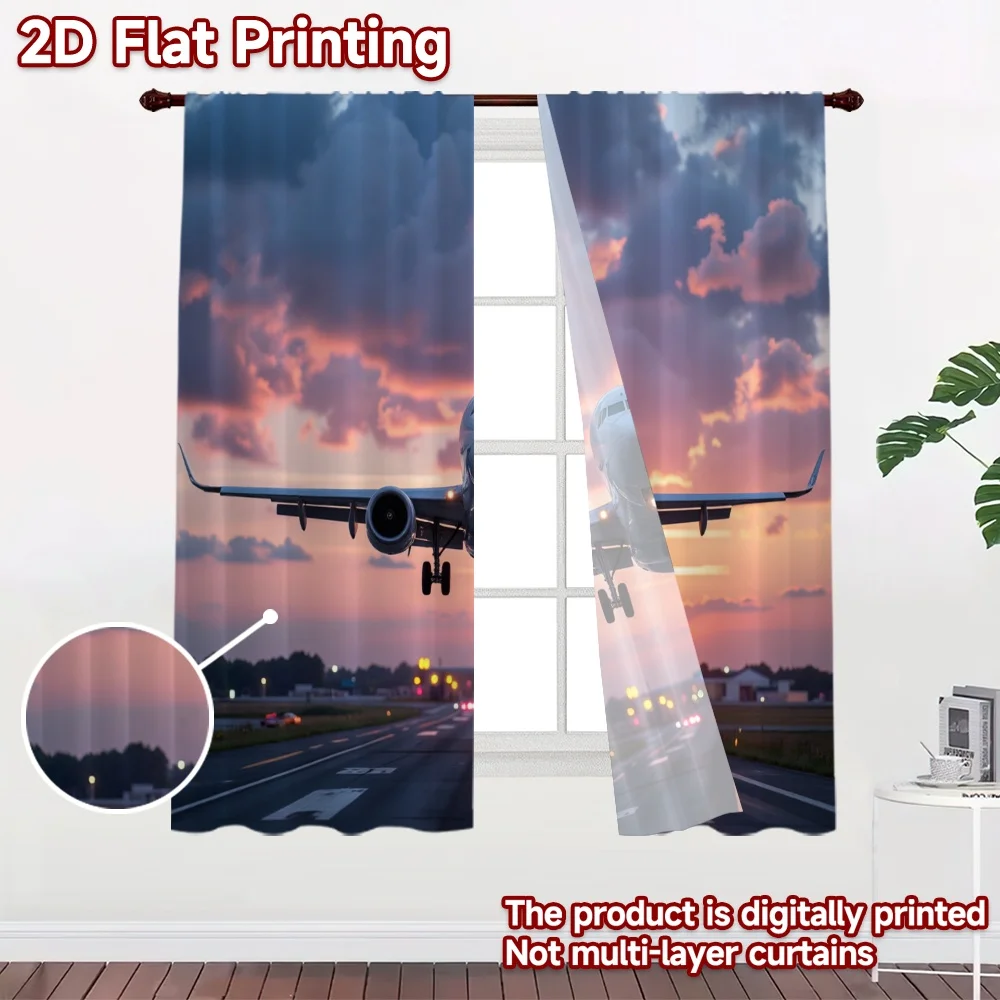 2D flat 2pcs Curtain Home Short Curtains Sunset Airplane Landing Digitally printed polyester Party & Holiday Decor for Festive