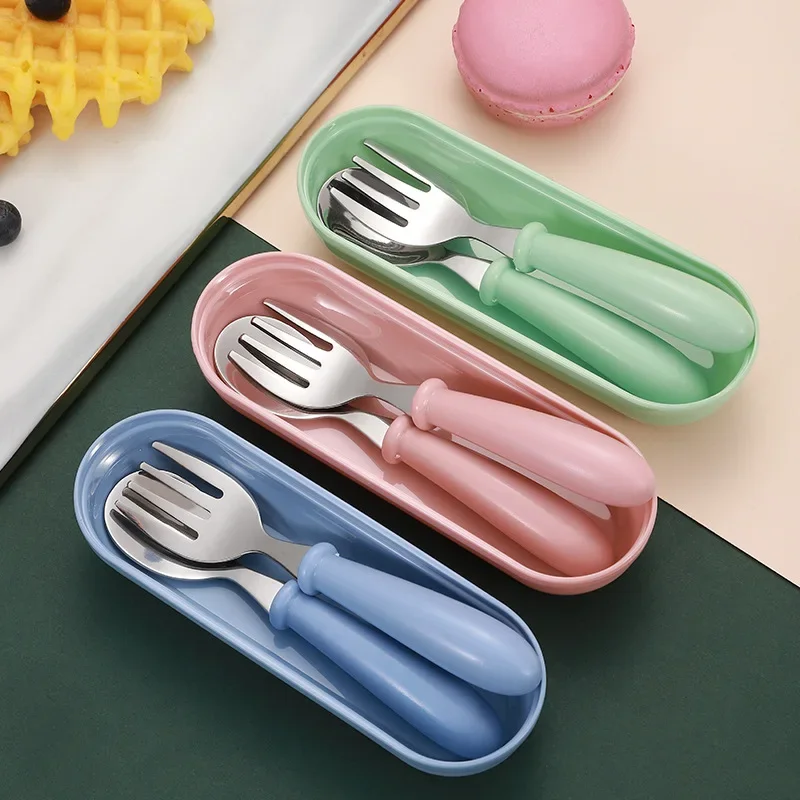 Talheres portáteis de aço inoxidável para crianças, Spoon Forks Box Utensílios de alimentação do bebê Conjunto de talheres para bebês, 3pcs