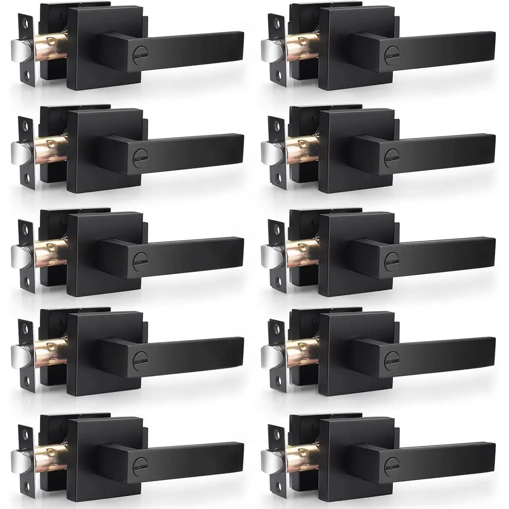 

Плоские черные дверные ручки, квадратные внутренние дверные рычаги для конфиденциальности, дверные ручки для спальни и ванной комнаты, набор замков без ключа для кровати/ванны (10 шт.)