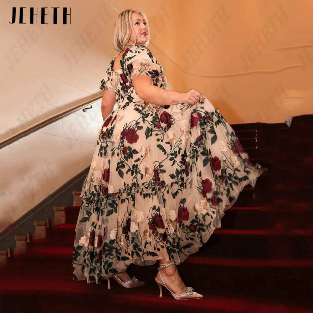 JEHETH Floral Puff Maniche Prom Dresses A-JEHETH abiti da ballo con maniche a sbuffo floreali a-line abito da festa in pizzo con ricamo lunghezza alla caviglia colletto quadrato abiti da cerimonia per occasioni formali