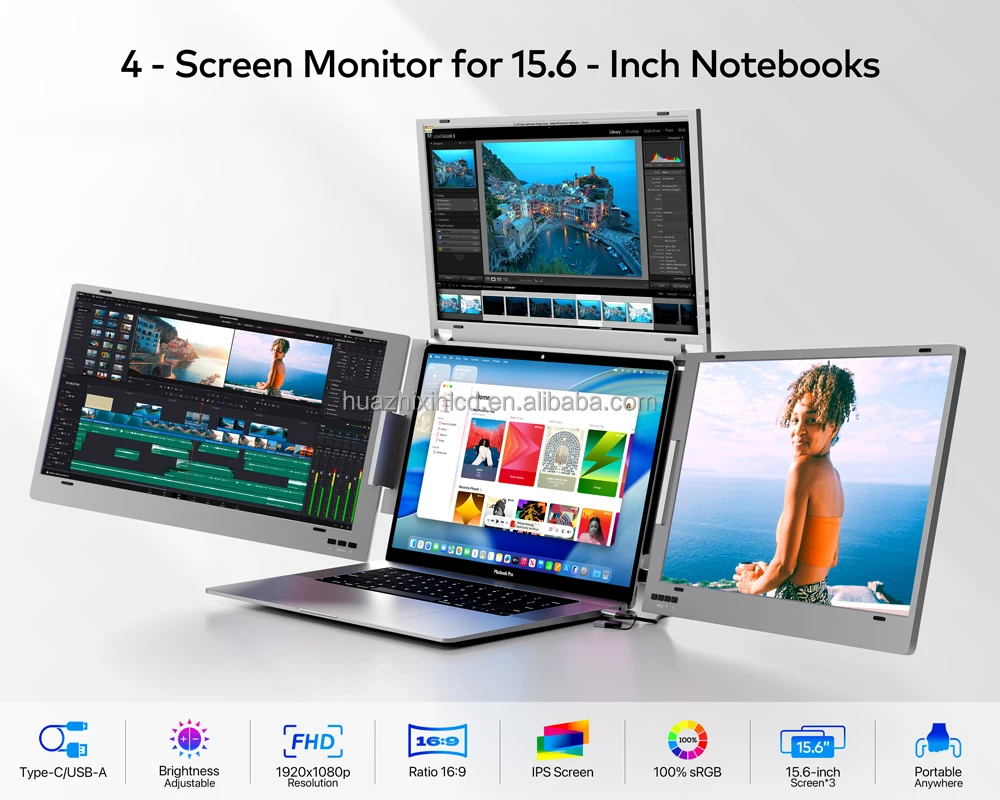 Triple Screen Laptop External Display 15.6 Inch 1 Cable to Three Screens Plug and Play Portable LCD Monitor Extender