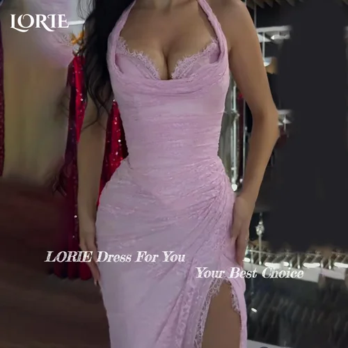 Imagen 2 del producto LORIE-vestidos de noche de encaje, elegantes, con cuello Halter, abertura larga, escote en forma de corazón, plisados, sirena, Arabia, vestido de graduación, vestidos de fiesta con volantes personalizados