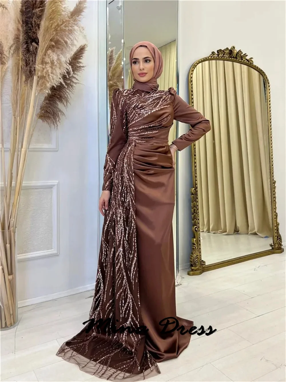 Mina Customized Long Sleeve Luxurious Women\'s Evening Dresses Woman Elegant Luxury Evening Dress 2024 Sequins Round Neck Prom