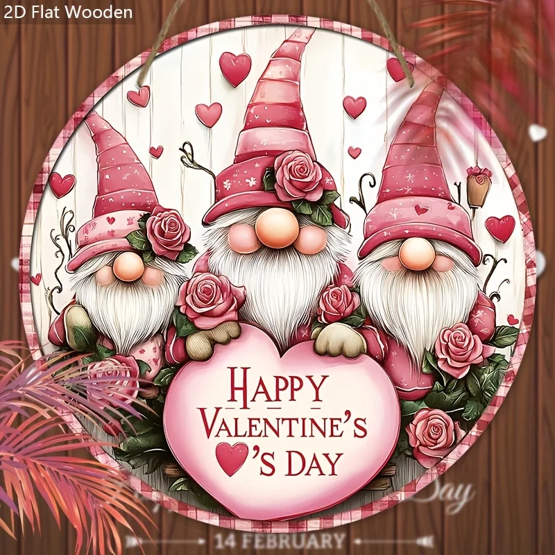 2D Flat Valentine'S Day Gnome Wooden Hanging Sign, Romantic Rose Theme, No Electricity Needed, Made of Wood, with Door Wall Deco