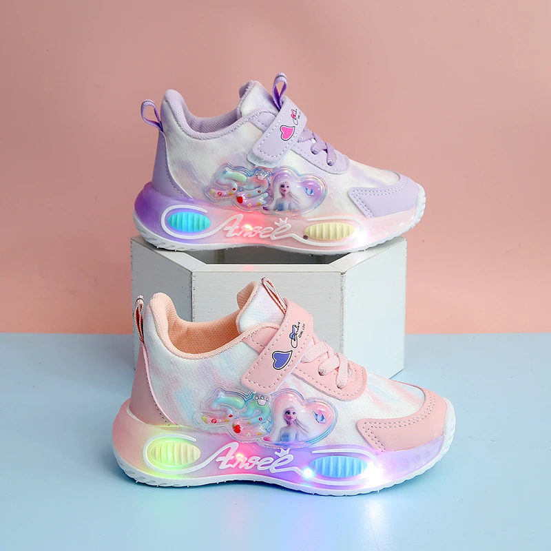 

Disney Children LED Shoes Frozen Princess Elsa Girls Sneakers Fashion Cute Mesh Breathable Kids Casual Shoes Lighted Anti-slip