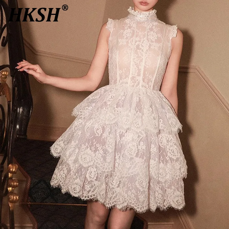 

HKSH Summer New Women Tide Chic French Elegant Graceful Sweet Original Design Handmade Lace Sleeveless Gown Layered Dress HK6311