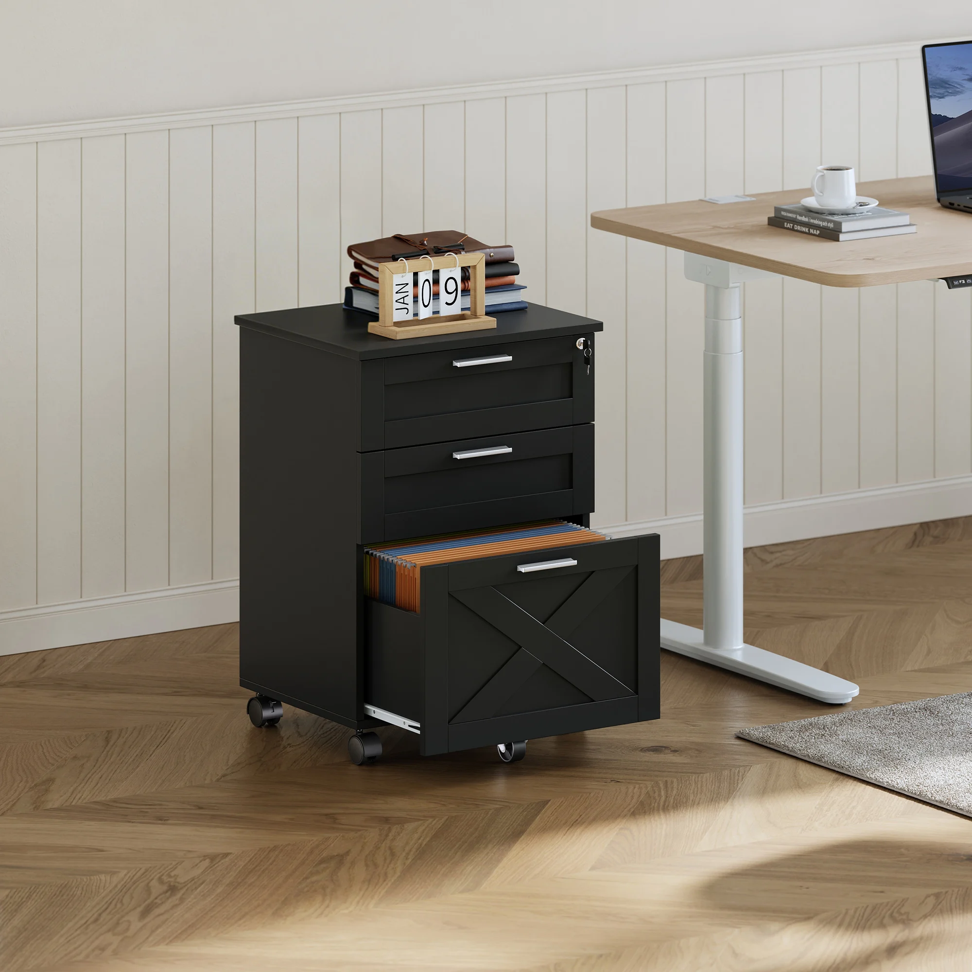 Armadio mobile con 3 cassetti e sistema di chiusura a chiave, mobiletto portaoggetti con ruote da posizionare sotto la scrivania, con rotazione a 360°. ° Caster, Cassetti Portadocumenti Letter Legal