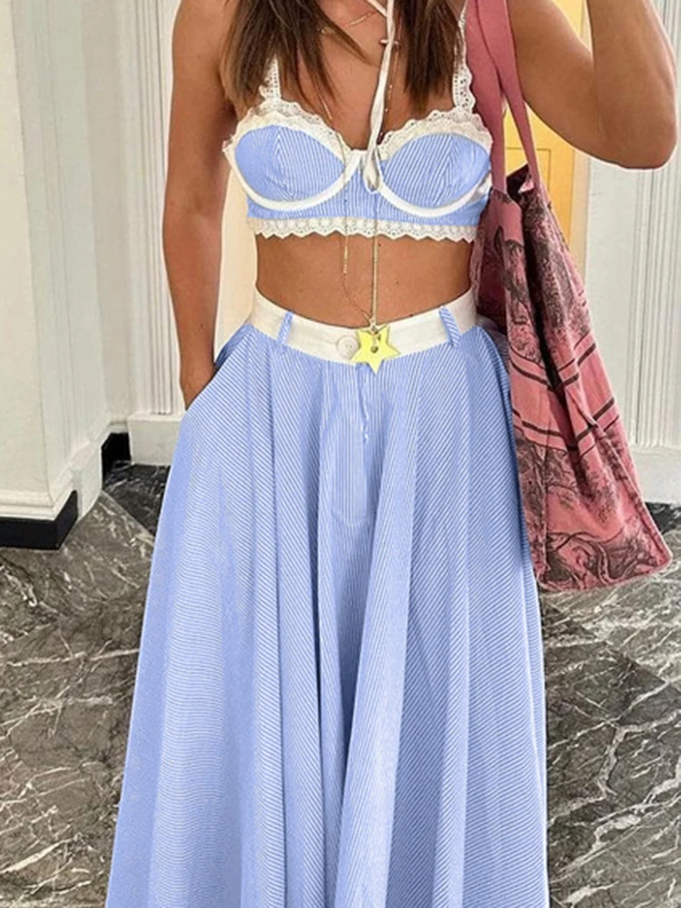 Summer New Halter Crop Tops&Long Skirts Sets Casual Simple Women's Beach Outfit Fashion Stripe Printed Half Skirts Two Piece Set