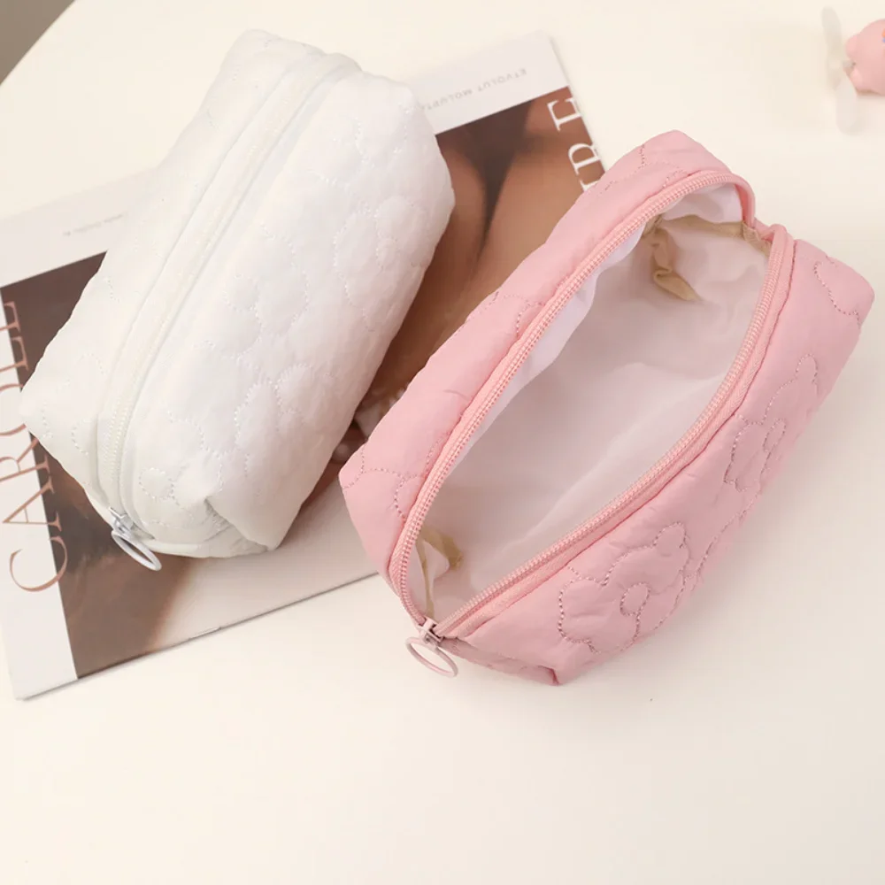 Mulheres flor bordado sacos de cosméticos rosa/branco grande capacidade organizador bolsa com zíper sacos de maquiagem portátil saco de armazenamento de viagem