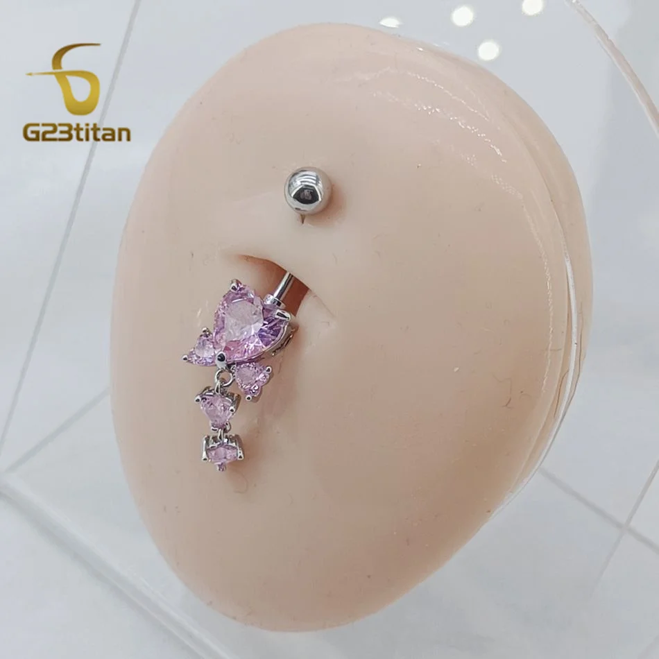 G23Titan Pink Zircon Heart Navel Rings 14G 6-16mm Length Titanium Barbell Belly Button Piercings Ombligo Summer Romantic Jewelry