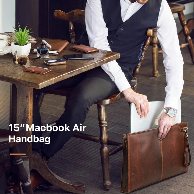 Imagem -02 - Maleta de Couro Genuíno para Homens Bolsa de Couro Bolsa Vintage de Negócios Couro de Cavalo Louco Macbook Air 15 Embreagem Executiva para Laptop