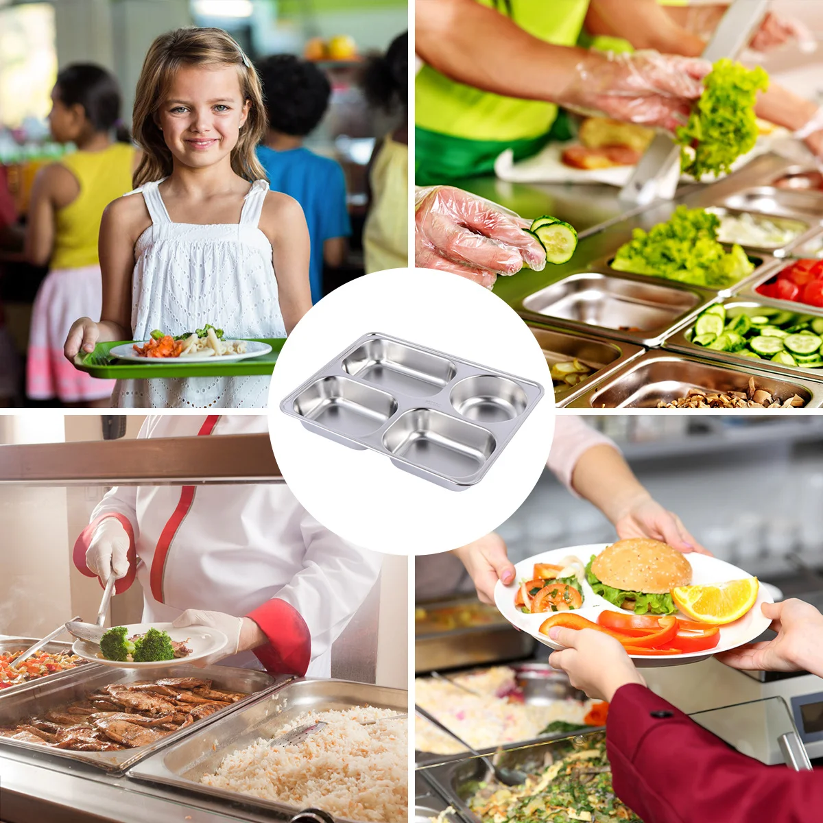 

1pc Stainless Steel Grid Plate Thickened Food Tray Fast Food Canteen Restaurant Home Use Dishwasher -Grid Fruit Dish
