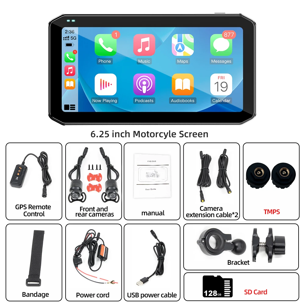 6.25inch Motorcycle Monitor 1080P DVR Recorders Wireless CarPlay Android Auto Navigation Display GPS Remote Control TPMS BSD image 3