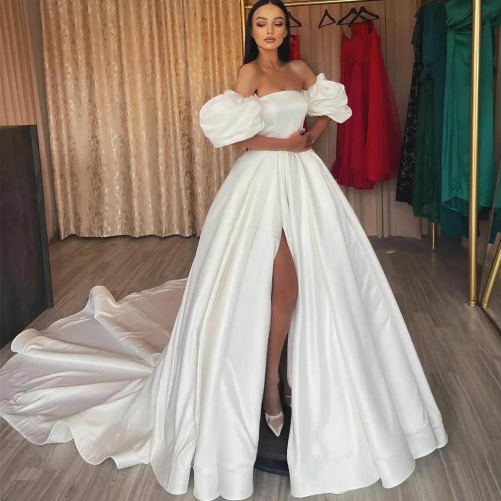 

Elegant Long Ivory Sweetheart Satin Wedding Dresses Short Puffy Sleeves A Line Slit Sweep Train Vestidos Femenino