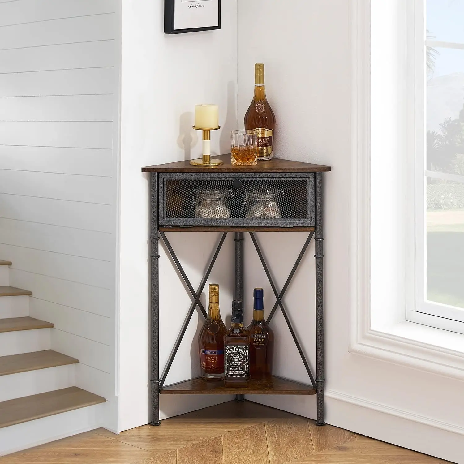 

Corner Table Shelf With Storage Cabinet, Industrial Metal Frame And Wood Shelves Organizer For Small Spaces In Living