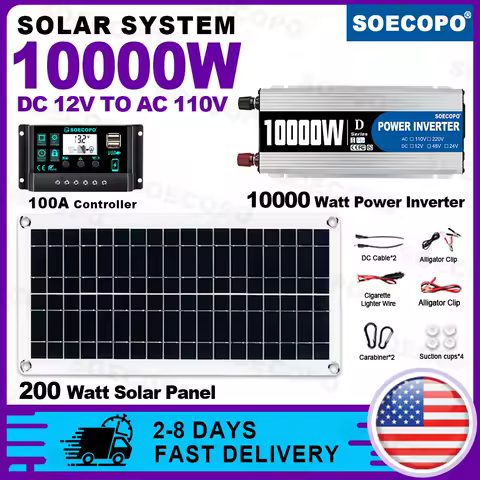 (U.S Stock)SOECOPO 10000W Solar System Complete Kit 12V To 110V 100A Controller 200W Panel Off-Grid Inverter System Home/Camping