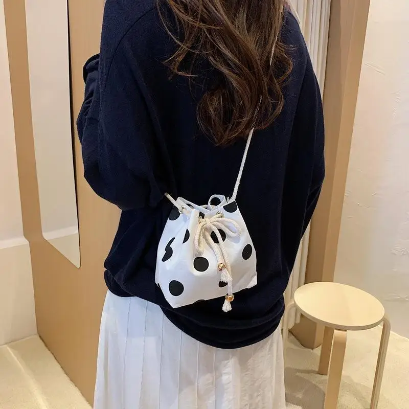 Polka Dot Drawstring Crossbody Bag Soft Nylon Fabric Adjustable Strap Water Resistant Purse for Camping Picnic Use