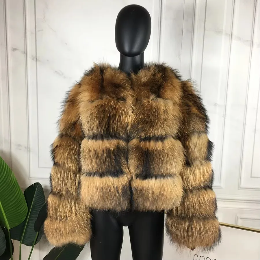 Fashion Hooded Fur Coat Jacket Women Real Fur Coat Fox Fur Winter Short Thick Raccoon Fur Jacket Female Fur Coat Natural Fur