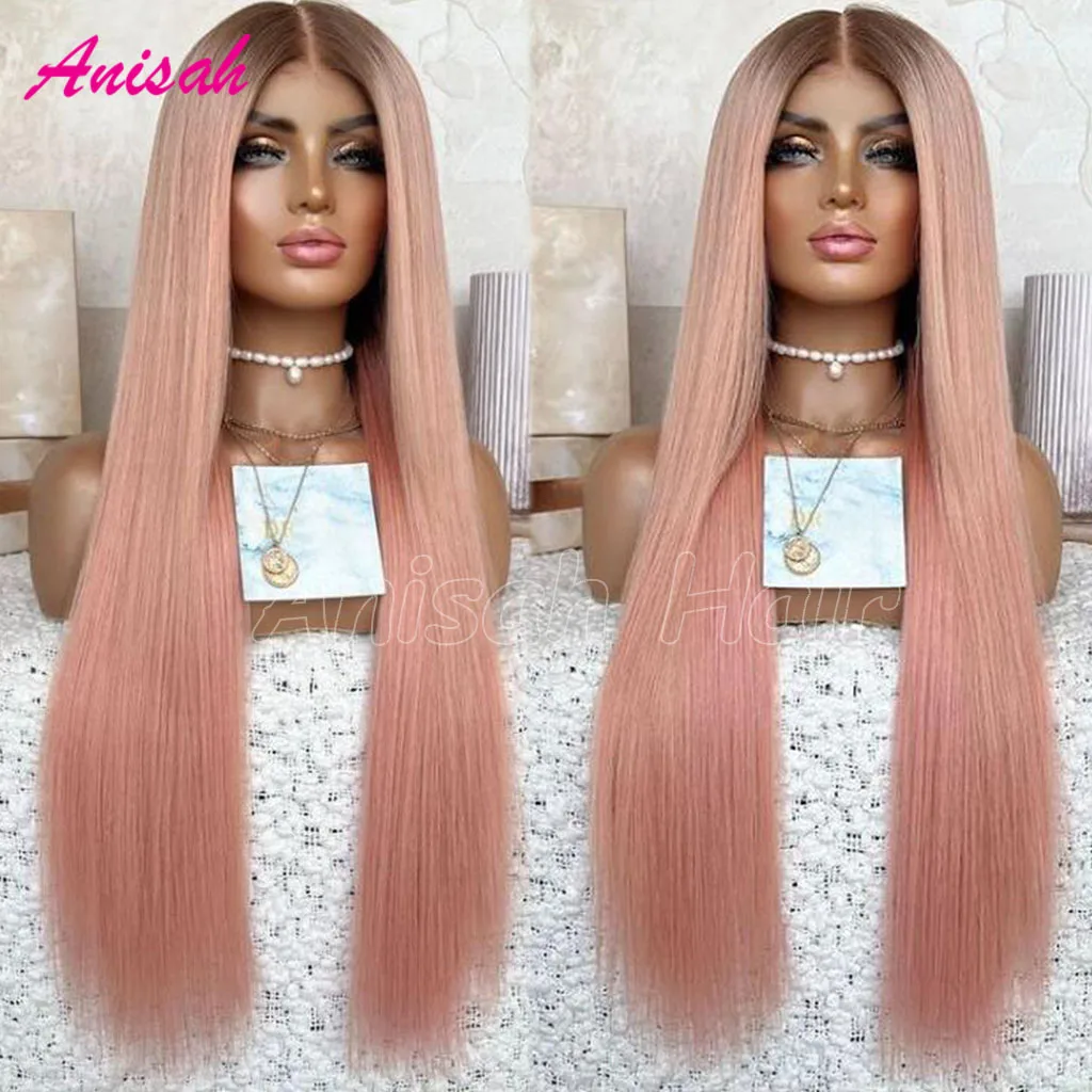 Ombre Pink Human Hair Lace Front Wig 13X4 HD Transparent Lace Frontal Closure Wigs Glueless Straight Human Hair Wigs for Women