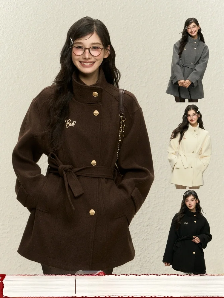 

ELEVEN SP осенне-зимнее коричневое шерстяное пальто женское корейское шерстяное пальто с внутренним поясом и поясом, топ Thiened Long Sve