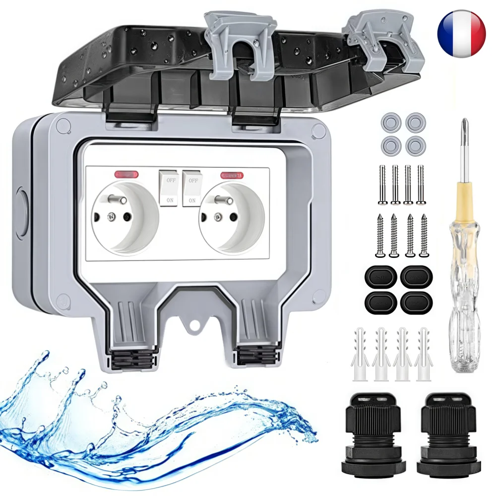 

EIOMR France IP66 Всепогодная уличная розетка, стандартные розетки Франции с USB-зарядкой и переключателем, 16 А для домашнего использования в патио и сада