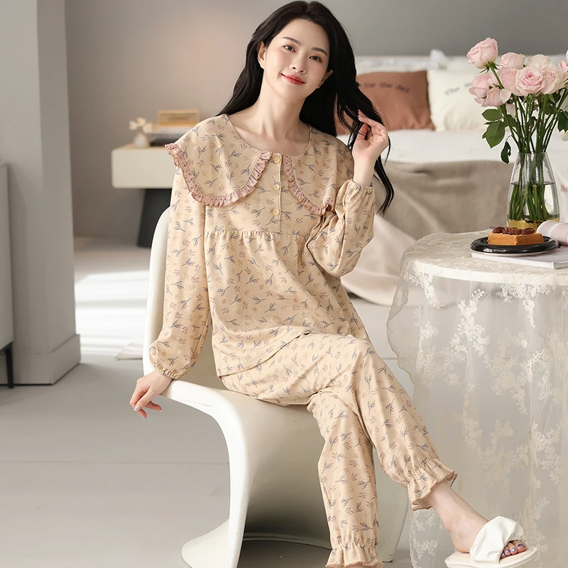 Floral Pajamas For Young Girls Spring Modal Sleepwear Princess Lace O-Neck Long Sleeve Pyjamas Female Autumn Home Suit XXXXL