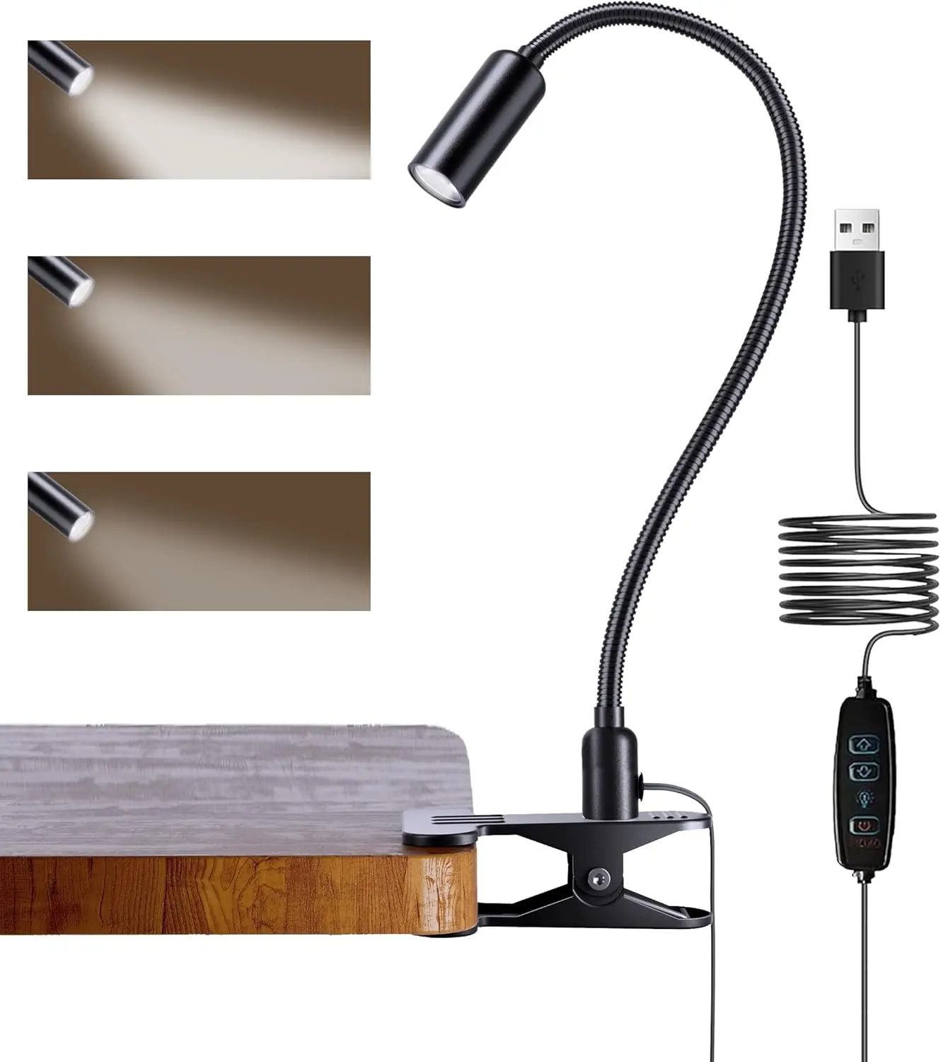 

LED Desk Lamp with Clamp, 10 Brightness Levels, 12" Flexible Gooseneck, Eye-Care USB Lamp for Home Office Reading