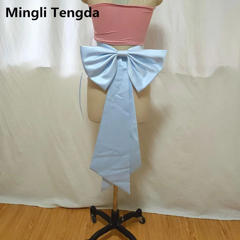 Mingli Tengda Sky Blue Satin Bride Sash Bow Removable Decor Bow Wedding Dress Accessory Fashion Party Gown Knots Custom Made