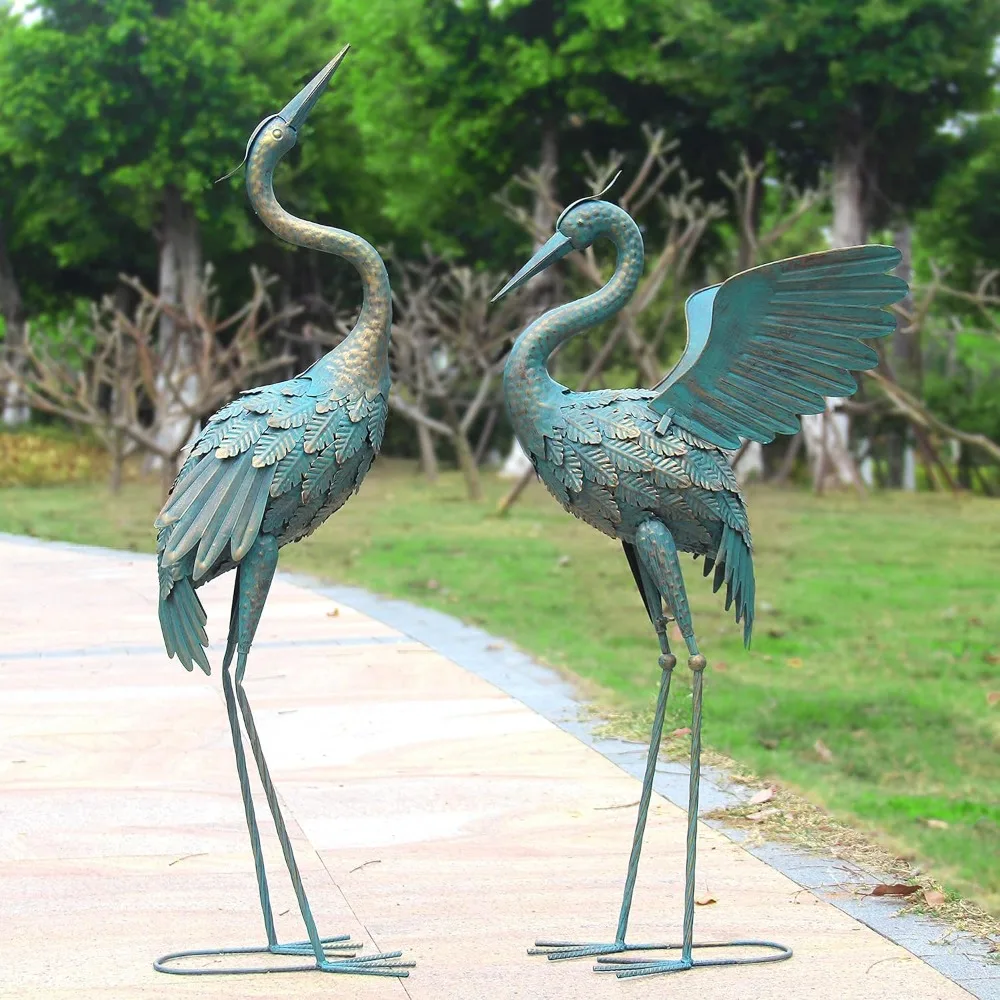 

33-37 Inch Metal Crane Garden Sculpture Decoration, Bird Garden Sculpture and Statue, Retro Spreading Crane, 2-piece Set