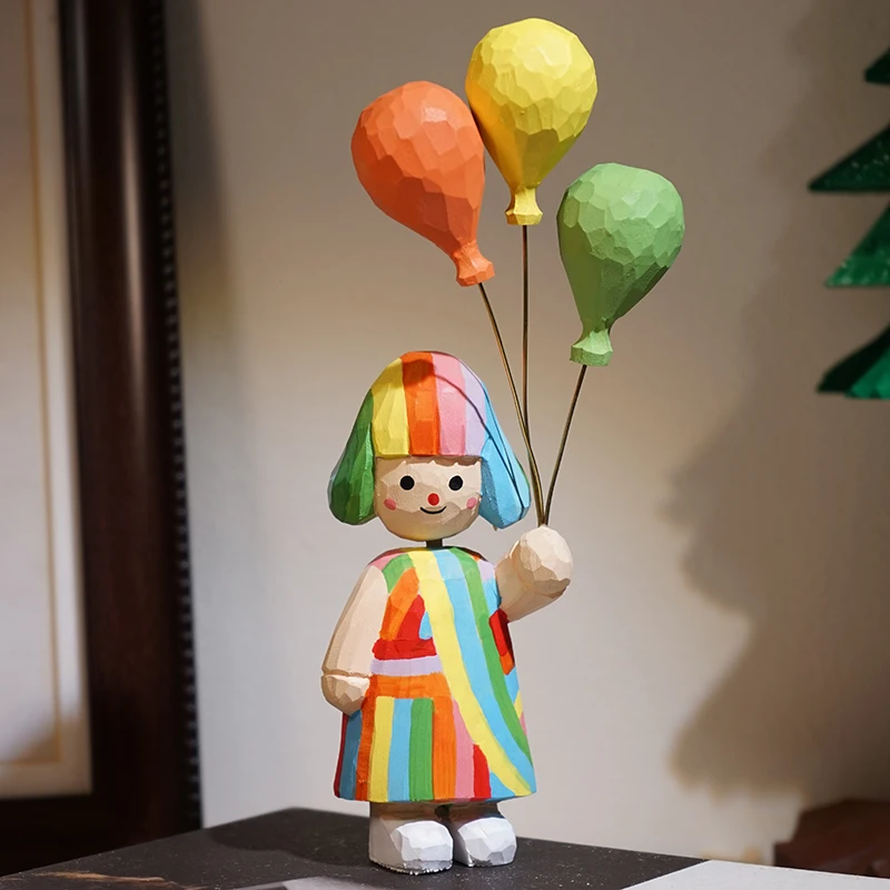 

Nordic Style Dopamine Girl Statue Model Handmade Wood Carving Figurine Ornament Balloon Cute girls Desktop Decor sculpture Gift