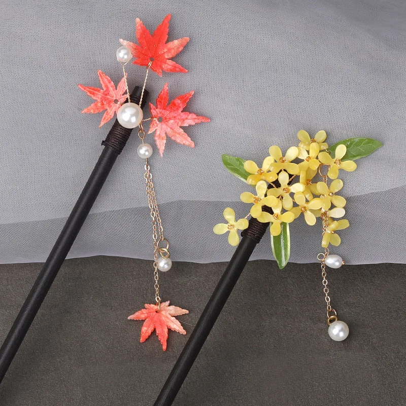 Osmanthus Fragrans Hair Sticks for Women Chinese Hanfu Maple Leaf Wooden Chopstick Hair Decorations Accessory Headwear