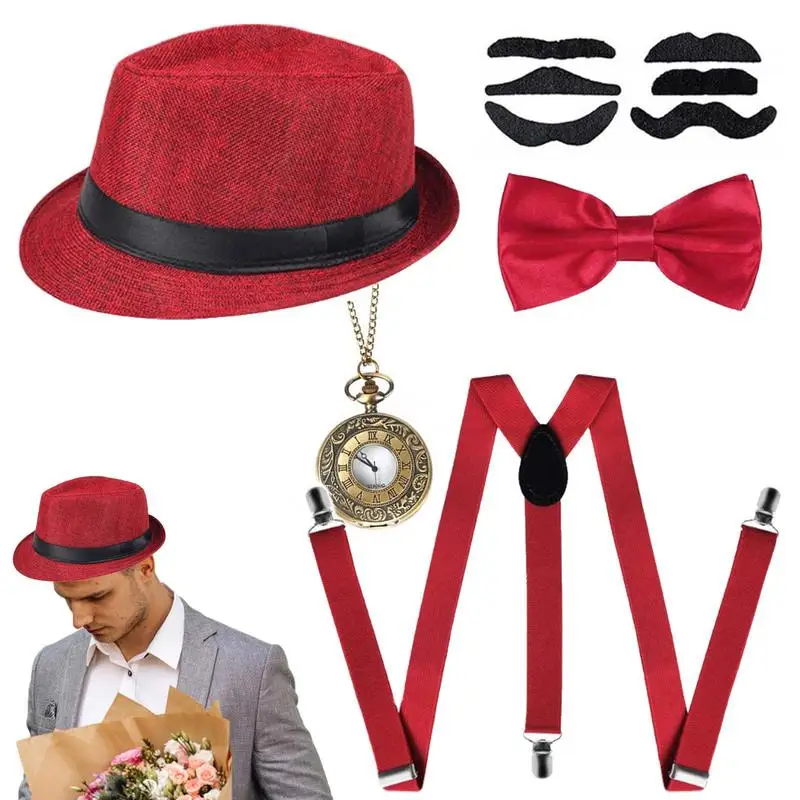 Mens Great Gatsby Accessories Set Roaring 1920s Party Vintage Gangster Costume Tie Hat Pocket Watch Elastic Y-Back Suspender