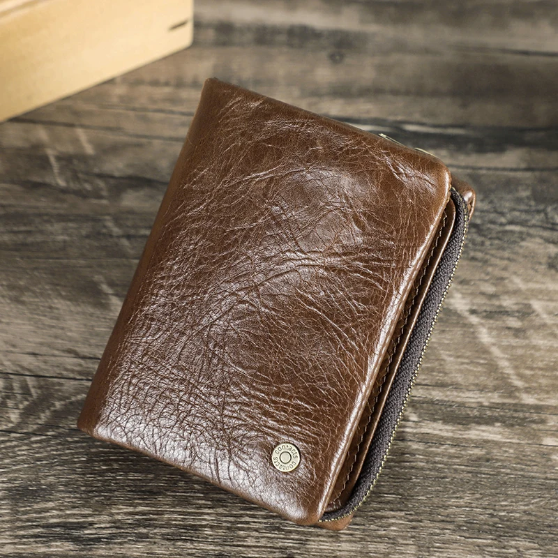 Genuine Leather Men Short Wallet Brand Luxury Designer RFID Blocking Card Wallets Bifold Male Zipper Coin Purse for Man Quality