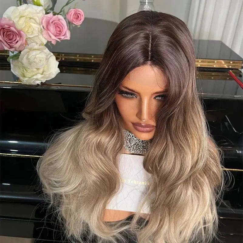 

Long Loose Wavy Wig Ombre Brown Platinum Blonde Colored Synthetic Hair Wig for Women 13x4 Heat Resistant Wig Daily Cosplay Use